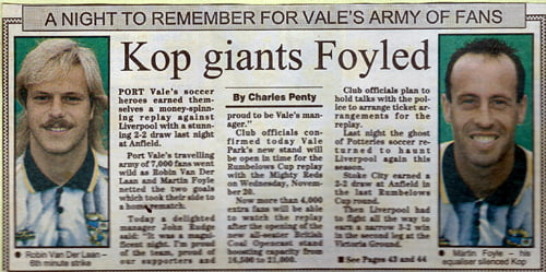 Local press coverage of Liverpool 2-2 Port Vale 1990