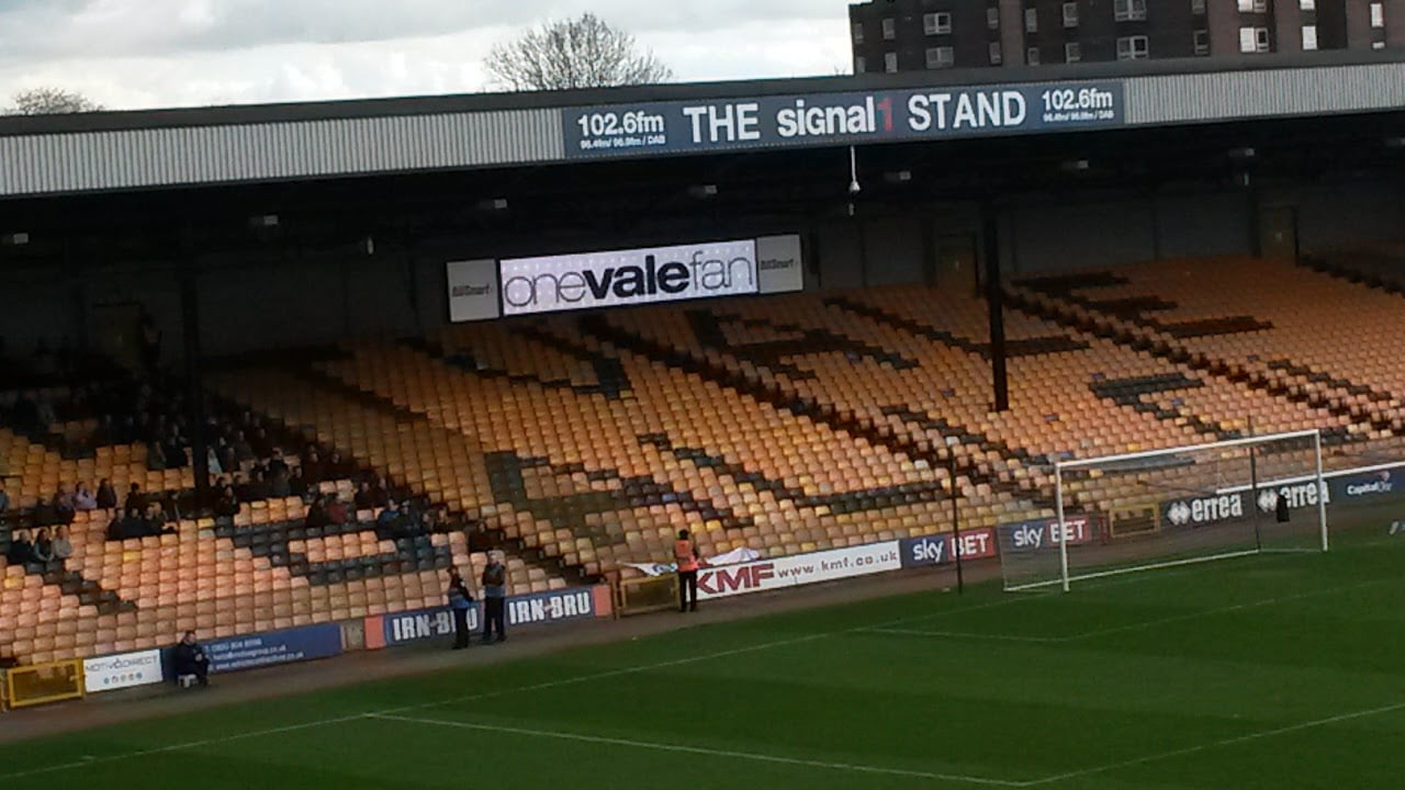 The onevalefan logo displayed on the scoreboard at the Hamil End, Vale Park stadium