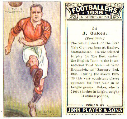 Cigarette card of Port Vale player Jimmy Oakes