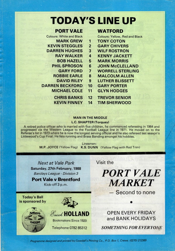 Port Vale v Watford programme, FA Cup 1988