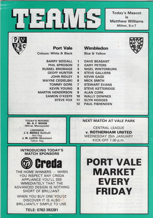 Port Vale v Wimbledon programme, 1984