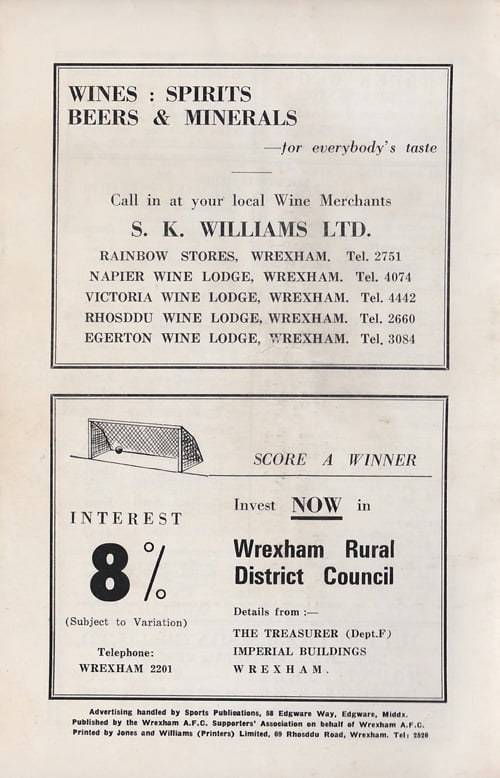 Wrexham v Port Vale programme, 1969