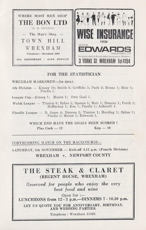 Wrexham v Port Vale programme, 1969