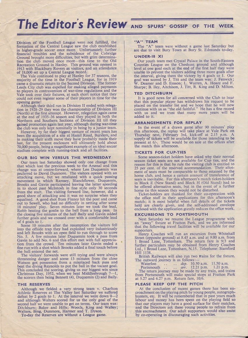 Tottenham Hotspur v Port Vale programme 1955 - inside page 2