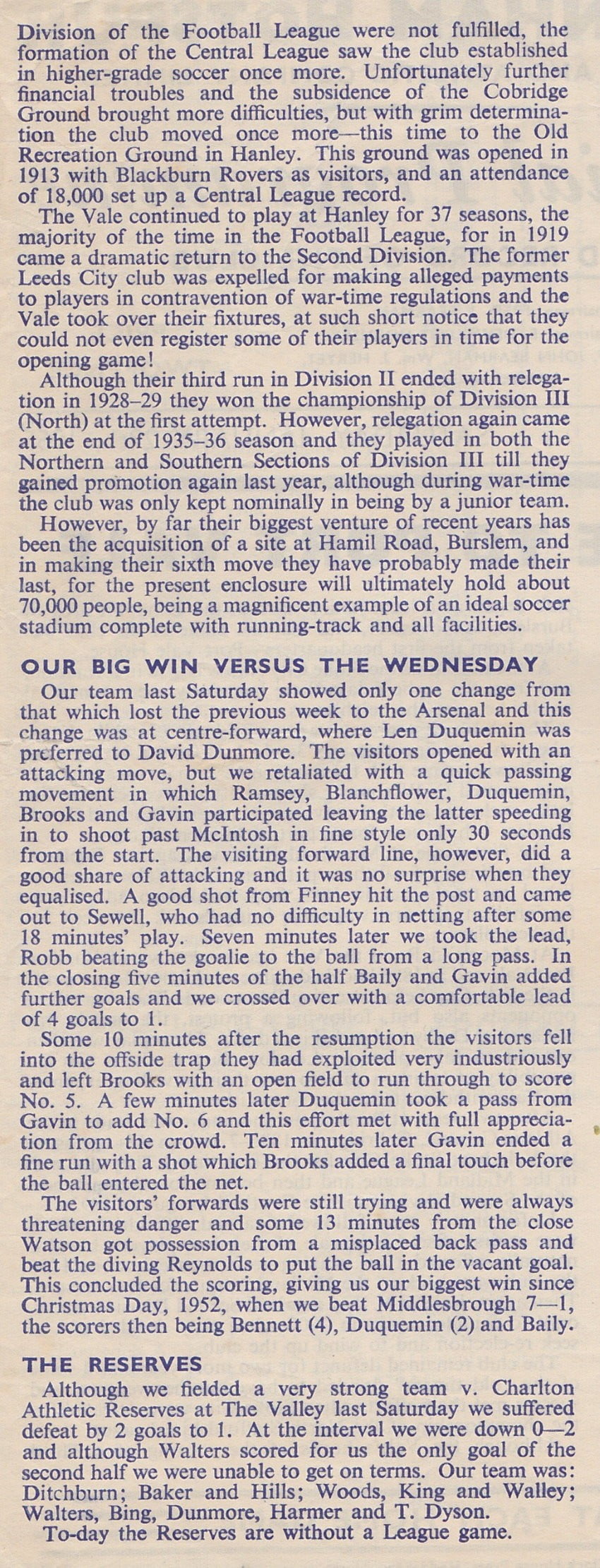 Tottenham Hotspur v Port Vale programme 1955 - inside page 2 detail