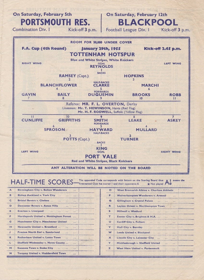 Tottenham Hotspur v Port Vale programme 1955 - back page