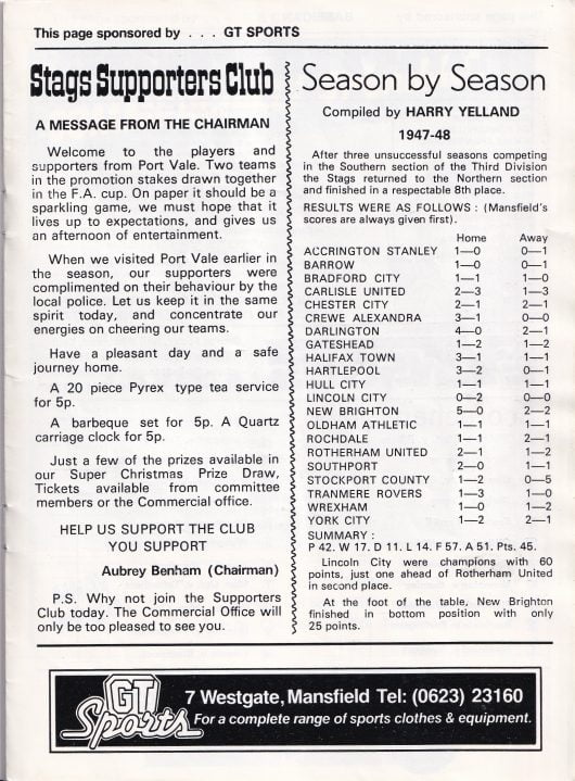Mansfield Town v Port Vale programme, 1985