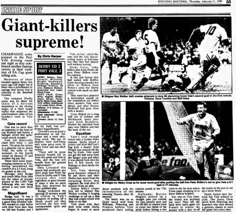 The Sentinel report on Derby County 2-3 Port Vale, FA Cup, 1990