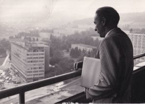Sir Stanley Matthews gazes out from the balcony of the Bata shoe factory in Gottvaldov
