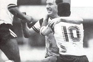 Phil Sproson celebrates his goal against Spurs in the FA Cup, 1988