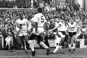 Ray Walker scores the first goal in Port Vale's 2-1 FA Cup victory over Spurs in 1988