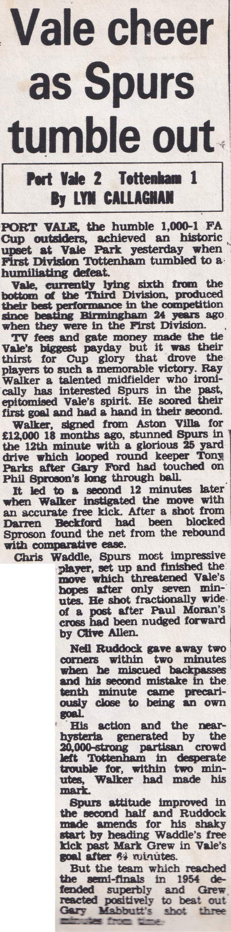 Mail on Sunday report on Port Vale 2-1 Spurs 1988