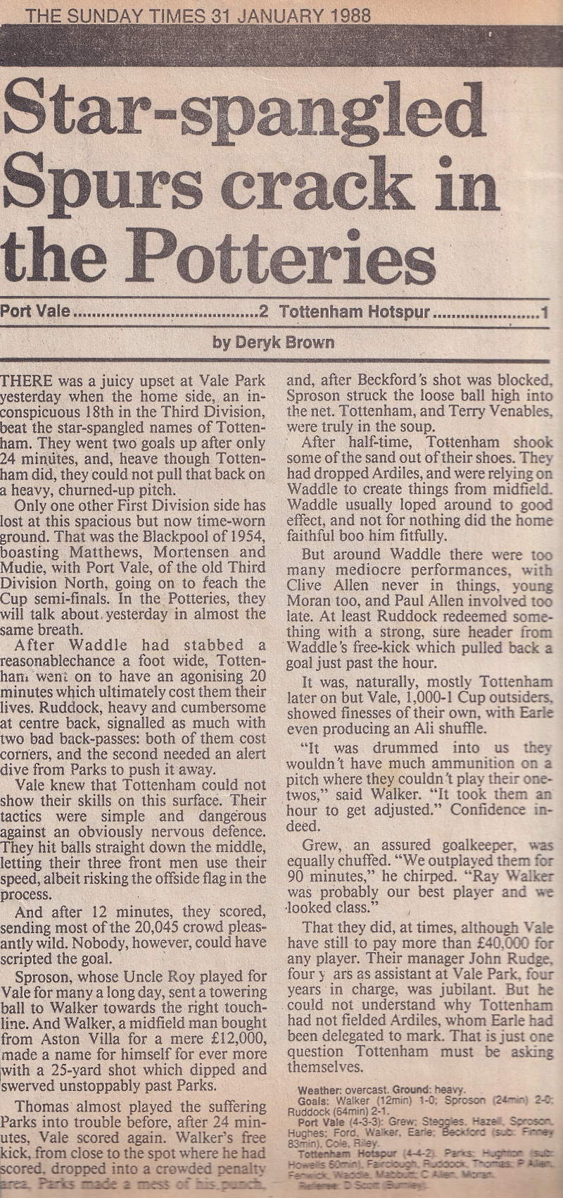Sunday Times report on Port Vale 2-1 Spurs 1988