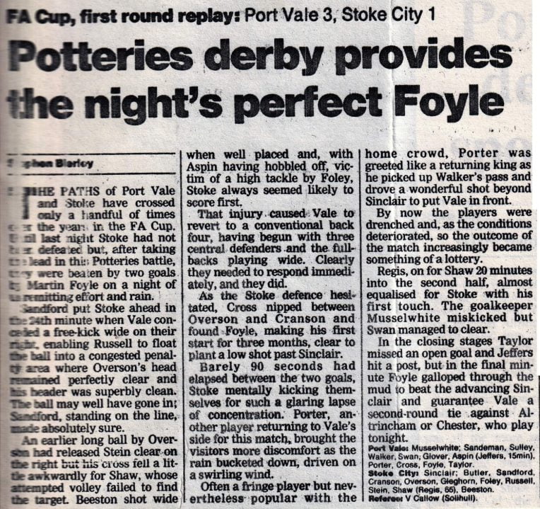 How the national press reported Port Vale's draw with Watford in 1988