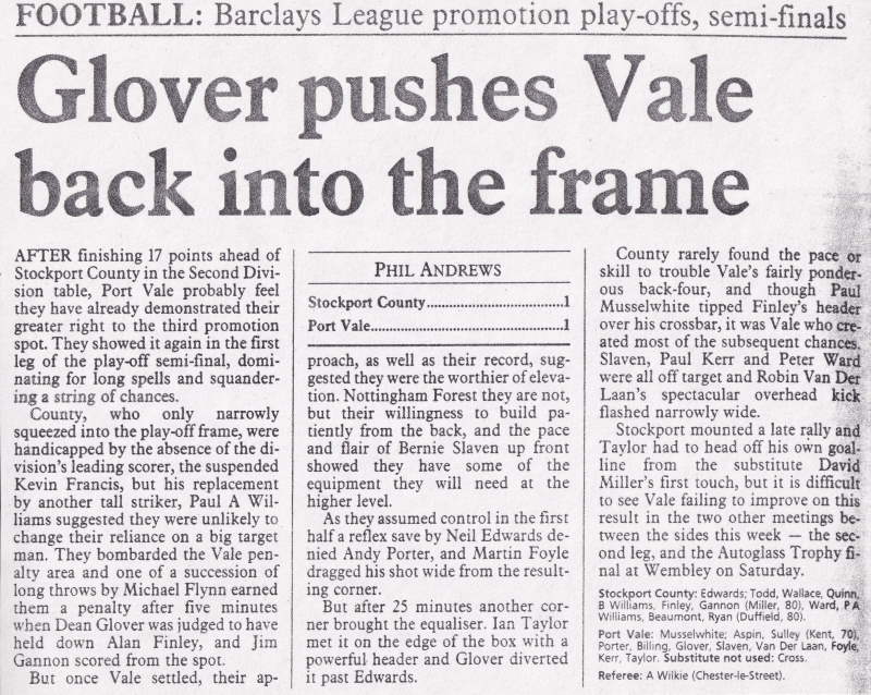 Press clipping: Stockport County 1-1 Port Vale, play-off semi-final first leg 1993