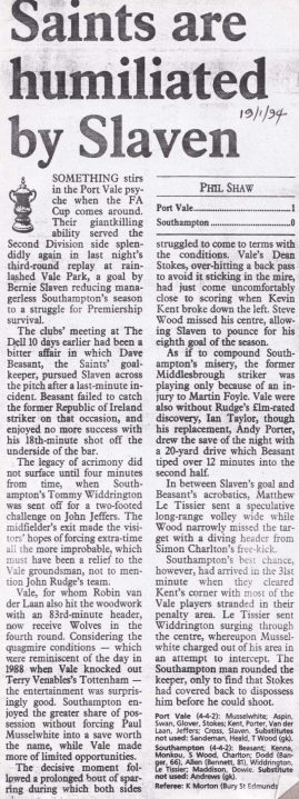 Press clipping - Port Vale 1-0 Southampton, FA Cup replay 1994