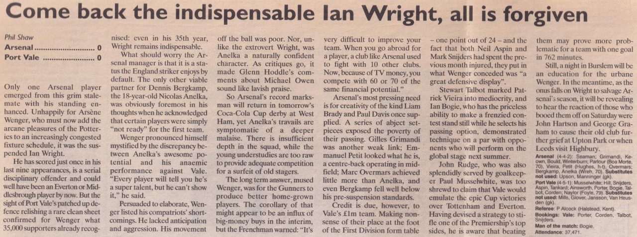 Press clipping of Arsenal 0-0 Port Vale 1998