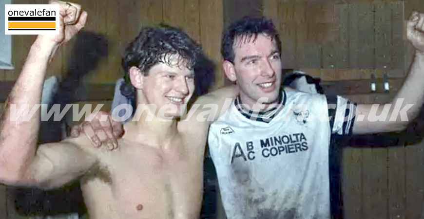 Ray Walker and Phil Sproson celebrate Port Vale's win over Spurs in 1988