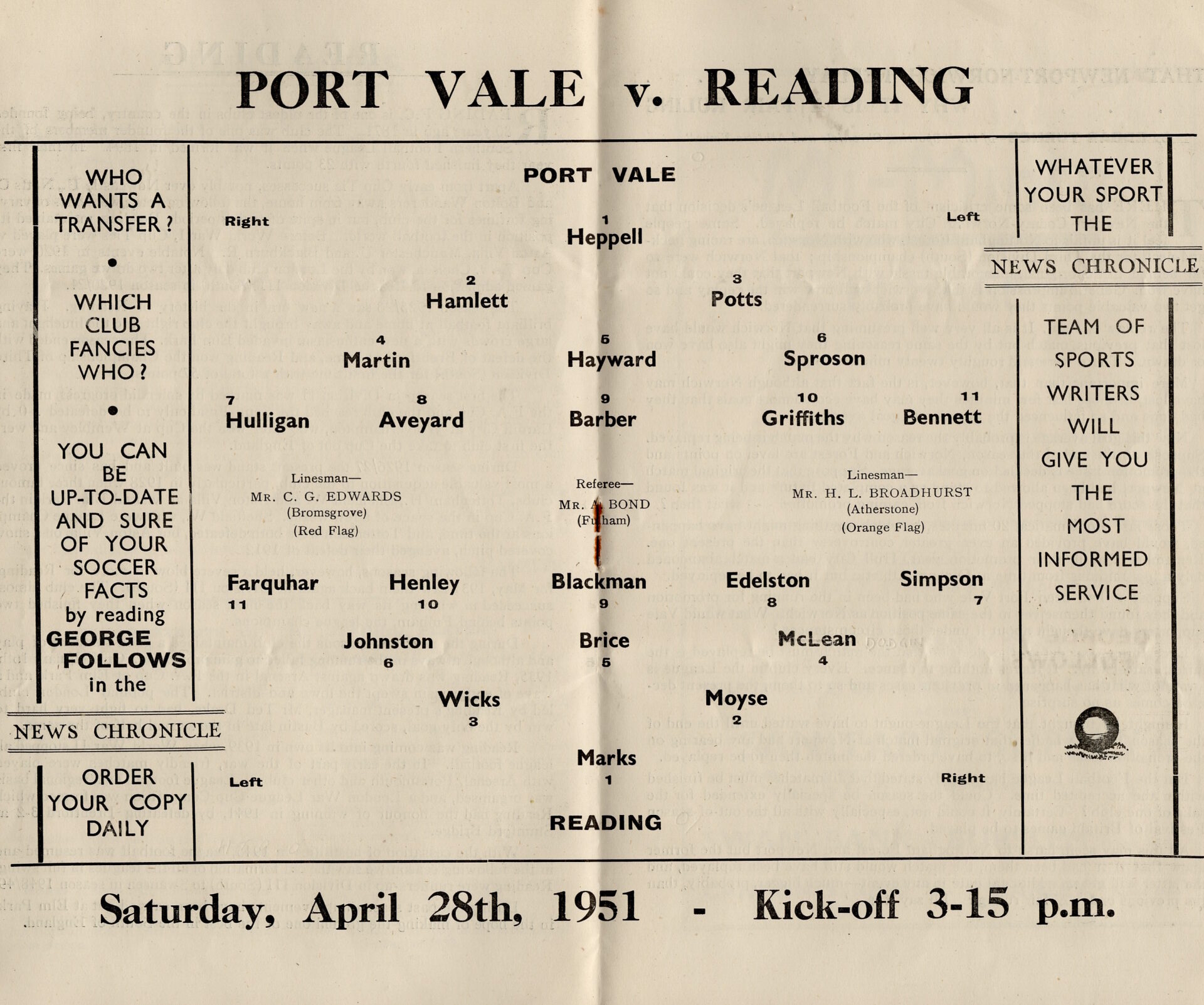 Port Vlae vs Reading 1951